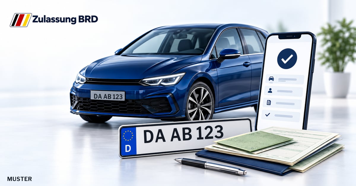 Online Fahrzeugzulassung in Münster (Hessen): Musterkennzeichen DA AB 123, Auto und Fahrzeugpapiere und Smartphone. Illustration mit Logo von Zulassung BRD.